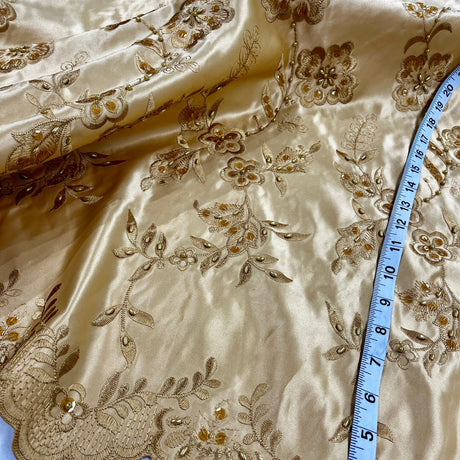 1 Yard Beaded Bridal Lace Fabric on 100% Polyester Satin, Elegant Embroidered Wedding Material