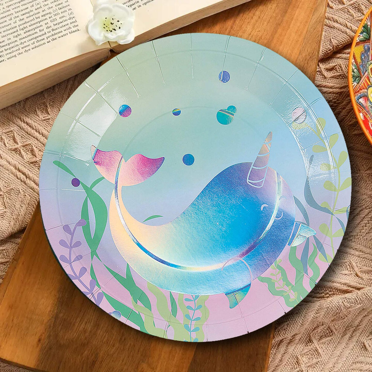 8 Count Iridescent Narwhal Party Paper Dinner Plates 9" Magical Sea-Themed Disposable Plates
