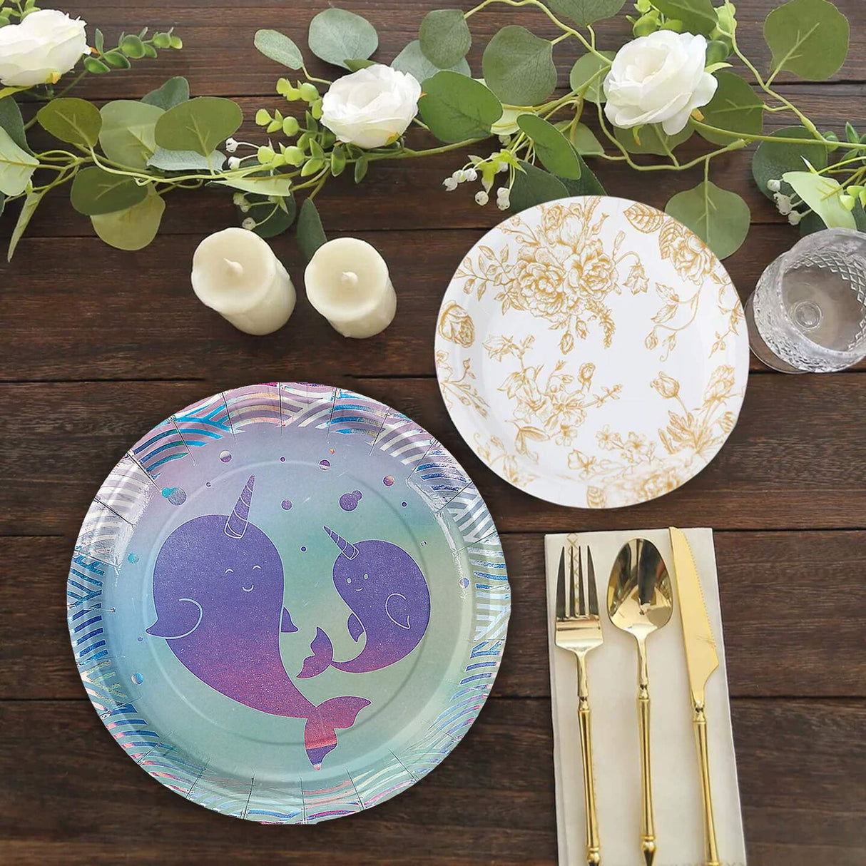 8 Count Iridescent Narwhal Party Paper Dessert Plates 7 Inch Disposable Kids Birthday Supplies
