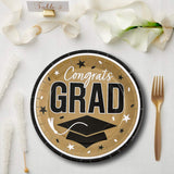 25 Count Gold Congrats Grad Paper Plates 9 Inch Graduation Supplies for Glamorous Events