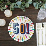 50th Birthday Burst Paper Dessert Plates 8 Count Colorful Milestone Party Supplies 7"