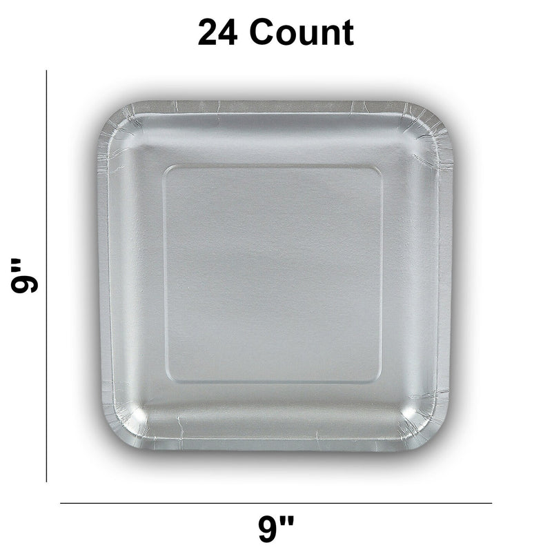 24 Count Metallic Silver Square Paper Dinner Plates 9" Disposable Elegant Party Plates