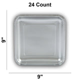 24 Count Metallic Silver Square Paper Dinner Plates 9" Disposable Elegant Party Plates