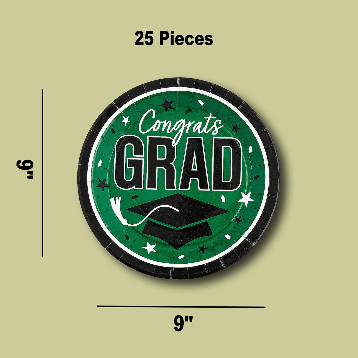 25 Count Green Congrats Grad 9 Inch Round Plates for Graduation Celebration