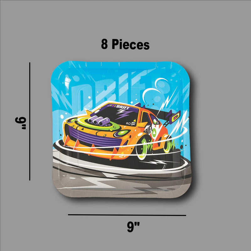 8 Count Orange Race Car Square Paper Dinner Plates 9" Kids Birthday Party