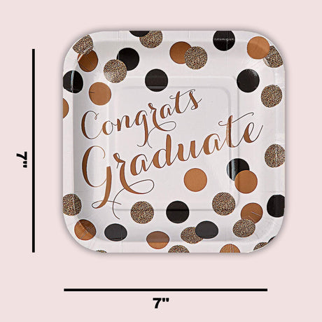 8 Count Black and Gold Graduation Party Congrats Graduate Square Paper Dessert Plates 7 Inch