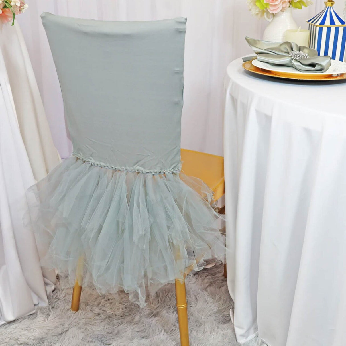 1 Piece Silver Ballerina Spandex Chiavari Chair Cover Sleek Stretch Fit with Flowing Skirt