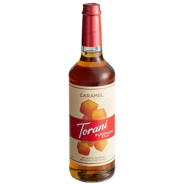 Torani Puremade Caramel Flavoring Syrup 750 mL Glass Bottle - 4/Case