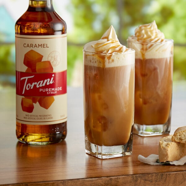 Torani Puremade Caramel Flavoring Syrup 750 mL Glass Bottle - 4/Case