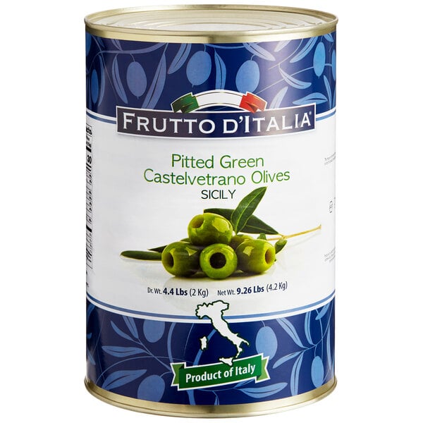 Frutto d'Italia 120/140 Count Pitted Green Castelvetrano Olives 9.26 lb. (4.4 lb. Dr. Wt.) Can - 2/Case
