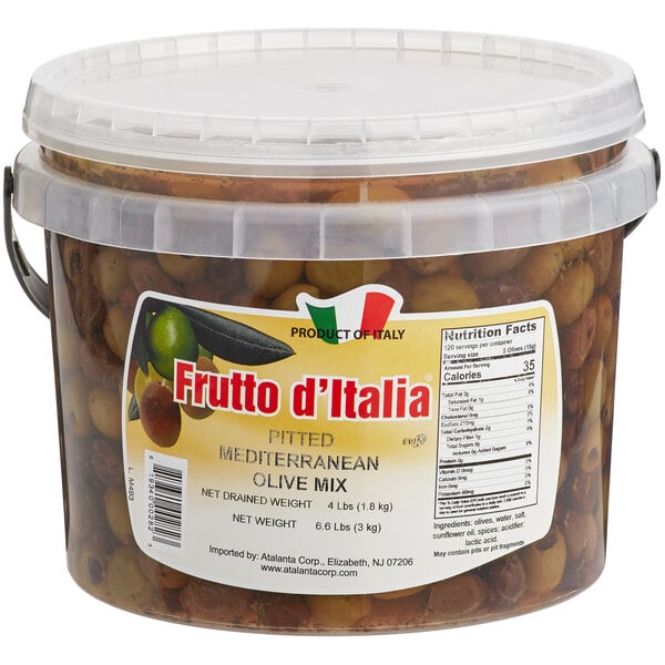 Frutto d'Italia 215/225 Count Pitted Mediterranean Olive Mix 6.6 lb. (4 lb. Dr. Wt.) Pail - 2/Case