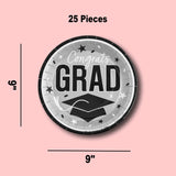 25 Graduation Paper Dinner Plates Silver Round Congrats Grad 9 Inch Size for Party Supplies