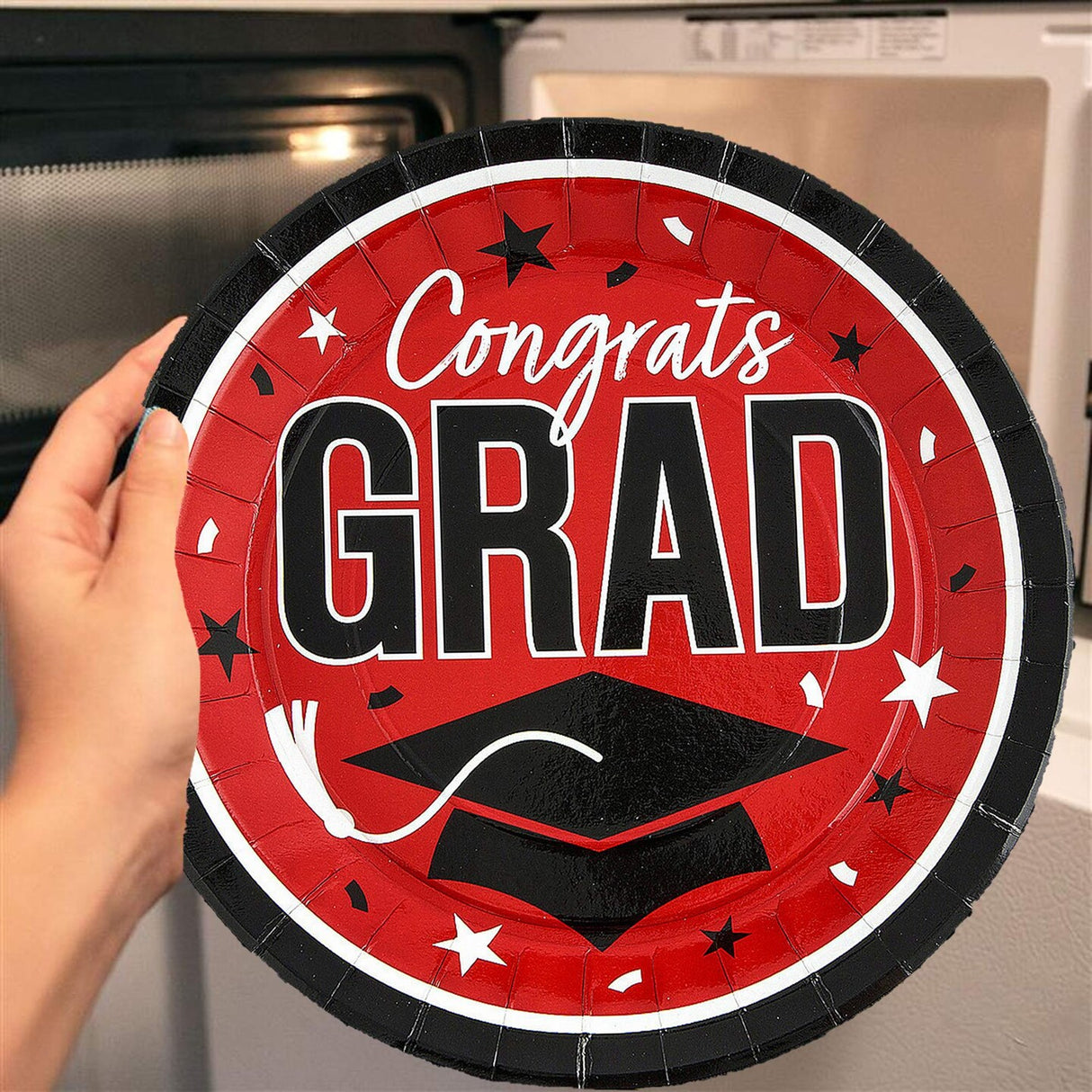 25 Count Red Congrats Grad 9 Inch Paper Plates Round Graduation Party