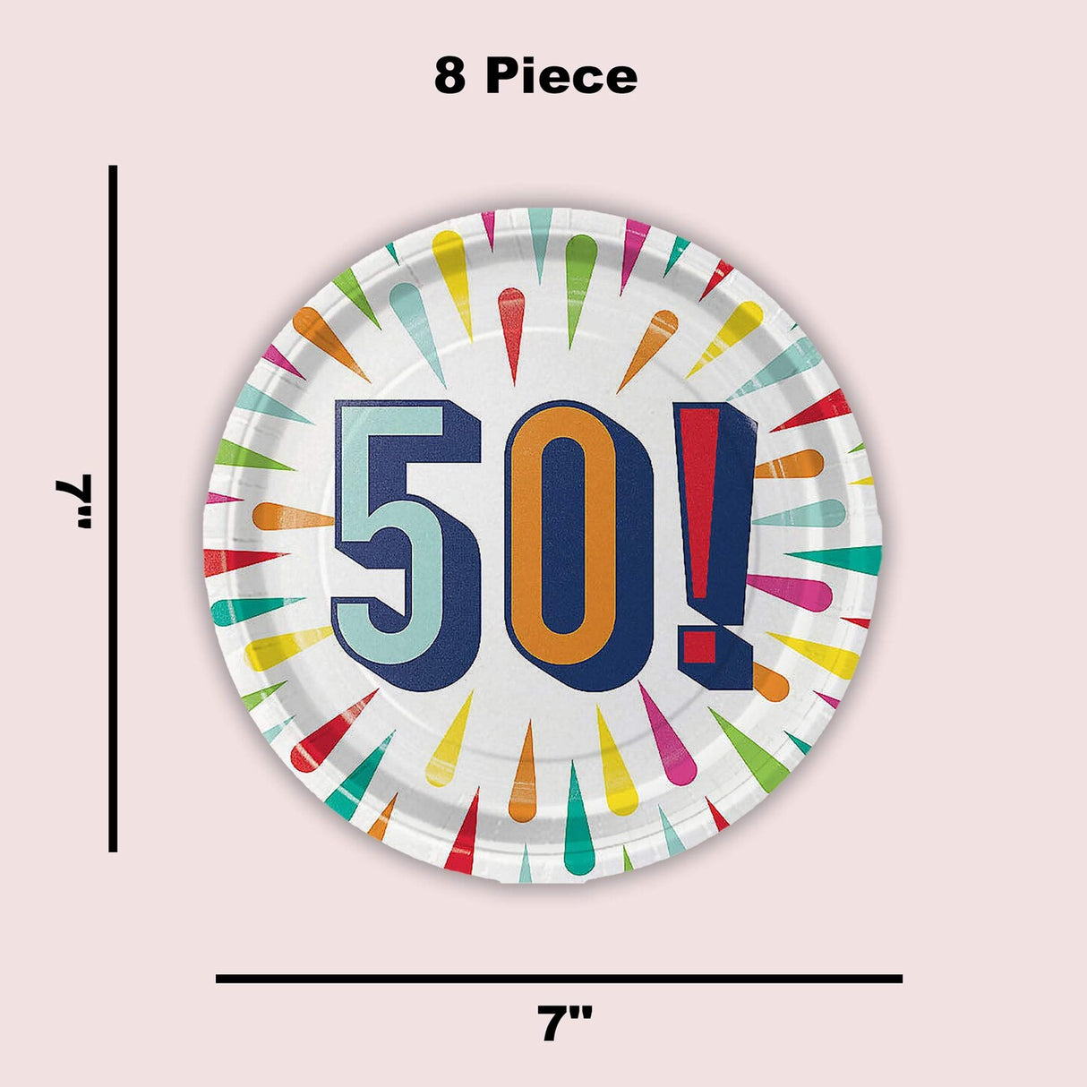 50th Birthday Burst Paper Dessert Plates 8 Count Colorful Milestone Party Supplies 7"