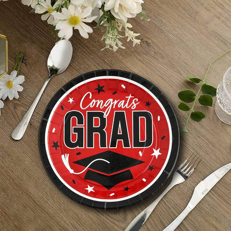 25 Elegant Red Paper Plates Round 9 Inch Size for Graduation Party Congrats Grad Theme