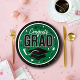 25 Count Green Congrats Grad 9 Inch Round Plates for Graduation Celebration