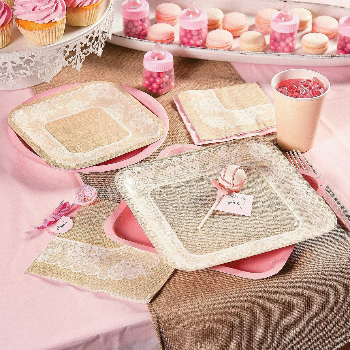 8 Count Burlap and Lace Square Paper Dessert Plates 7 Inch Print Plates & Bowls