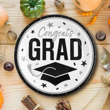 25 Count White Congrats Grad Round Paper Plates 9 Inch for Clean Graduation Decorations