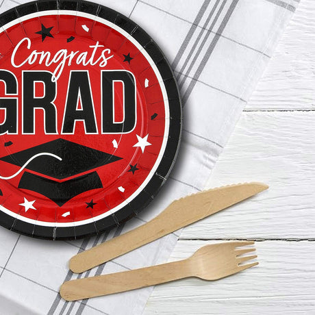 25 Count Red Congrats Grad Dinner Plates 9 Inch Round Disposable Party Supplies