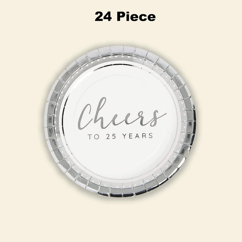 24 Ct Silver Anniversary Paper Dessert Plates 25th Party Supplies Elegant 7"