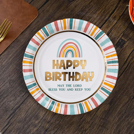 8 Count Religious Happy Birthday Rainbow Paper Dinner Plates 9.5" Faith-Inspired Disposable Plates