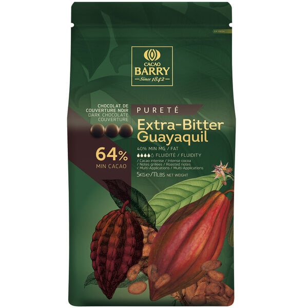 Cacao Barry Purete Extra-Bitter Guayaquil Dark Chocolate Pistoles 11 lb. - 4/Case