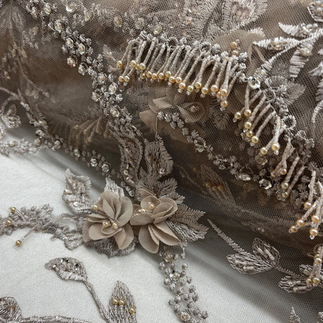 1 Yard Exquisite Beaded 3D Floral Lace Fabric Embroidered on Polyester Net Mesh