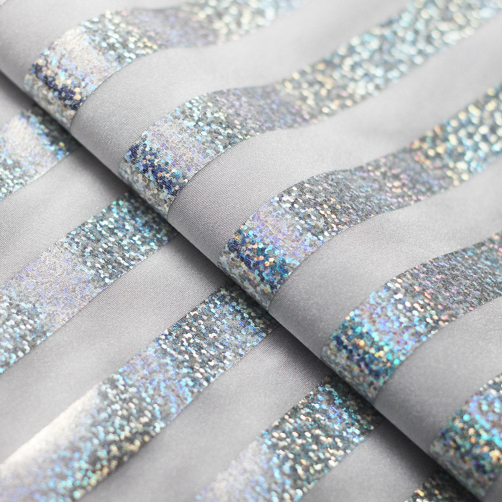 Holo Foil Stripes Nylon Spandex Hologram Fabric - White Silver And Black Multi Rainbow Stripes, 58 To 60" Width (1 Yard)