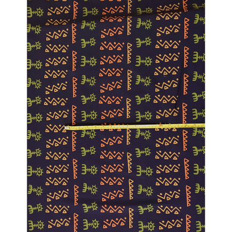 Adewale Stretch Cotton Satin Fabric - Navy, Orange, Green African Print, 58" Width (1 Yard)