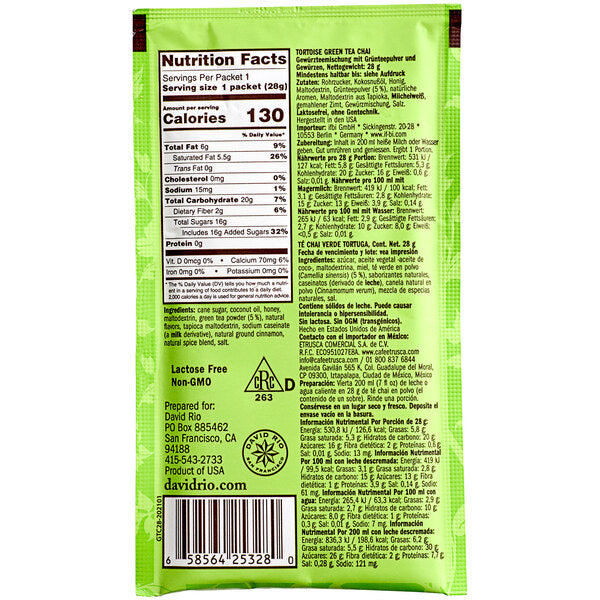 David Rio Tortoise Green Tea™ Chai Tea Latte Single Serve Packets - 48/Case