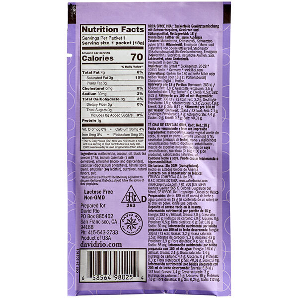 David Rio Orca Spice™ Sugar-Free Chai Tea Latte Single Serve Packets - 48/Case