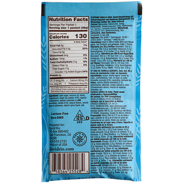 David Rio Elephant Vanilla Chai® Tea Latte Single Serve Packets - 48/Case