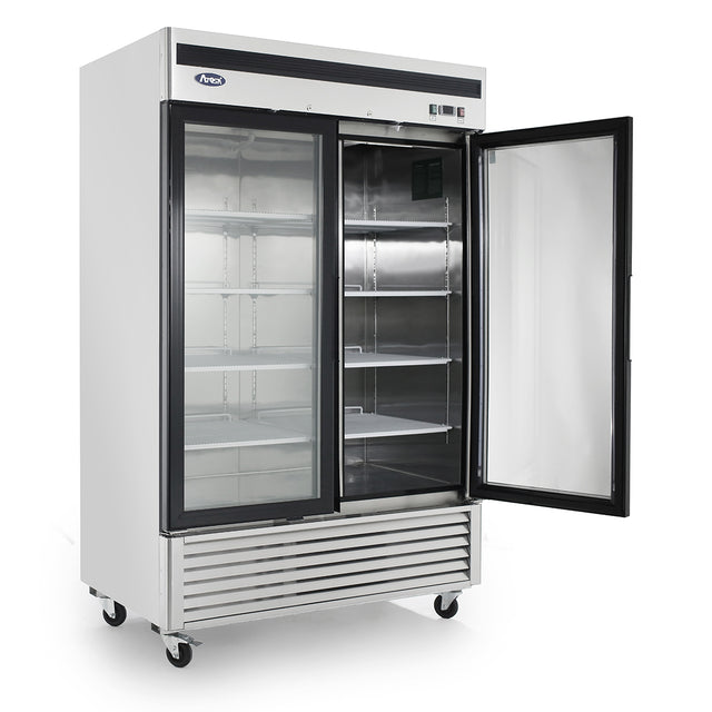 Atosa MCF8707GR 2 Section Bottom Mount Refrigerator Merchandiser 44.77 Cu. Ft, 54.41"W x 31.7"D w/2 Self-Closing Glass Doors w/Locks
