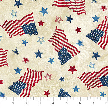 Cotton Print Stars And Stripes 14 Multi Flags And Star Beige Fabric 43/44"