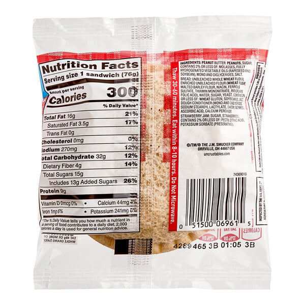 Smucker's Uncrustables Strawberry Jam and Peanut Butter Whole Wheat Sandwich 2.6 oz. - 72/Case