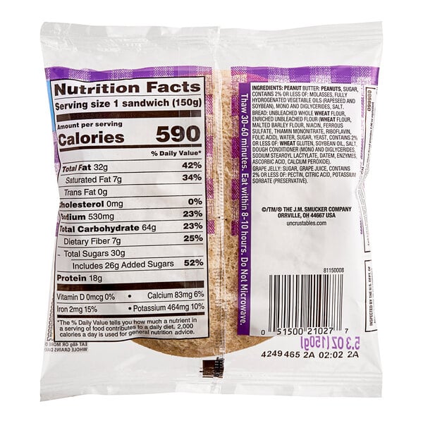 Smucker's Uncrustables Grape Jelly and Peanut Butter Whole Wheat Sandwich 5.3 oz. - 72/Case