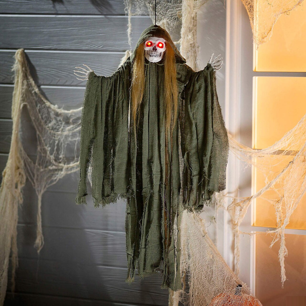 35 1/2" Light Up Hanging Long Hair Skeleton Reaper Halloween Decoration