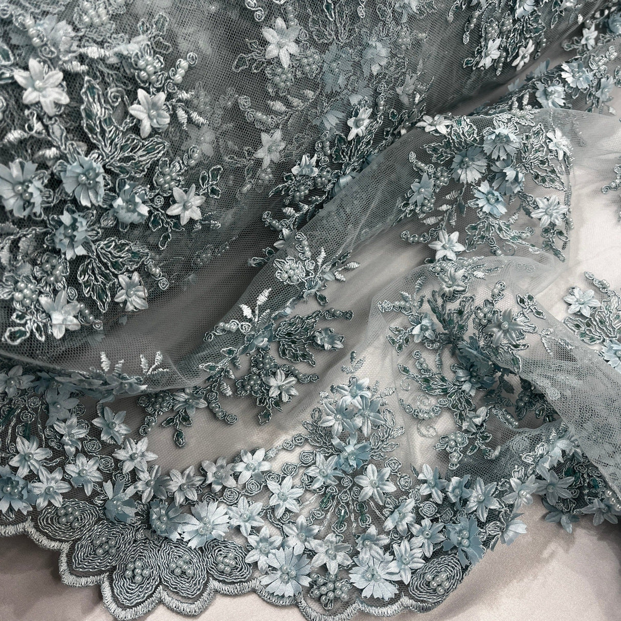 Beaded 3D Floral Lace Fabric