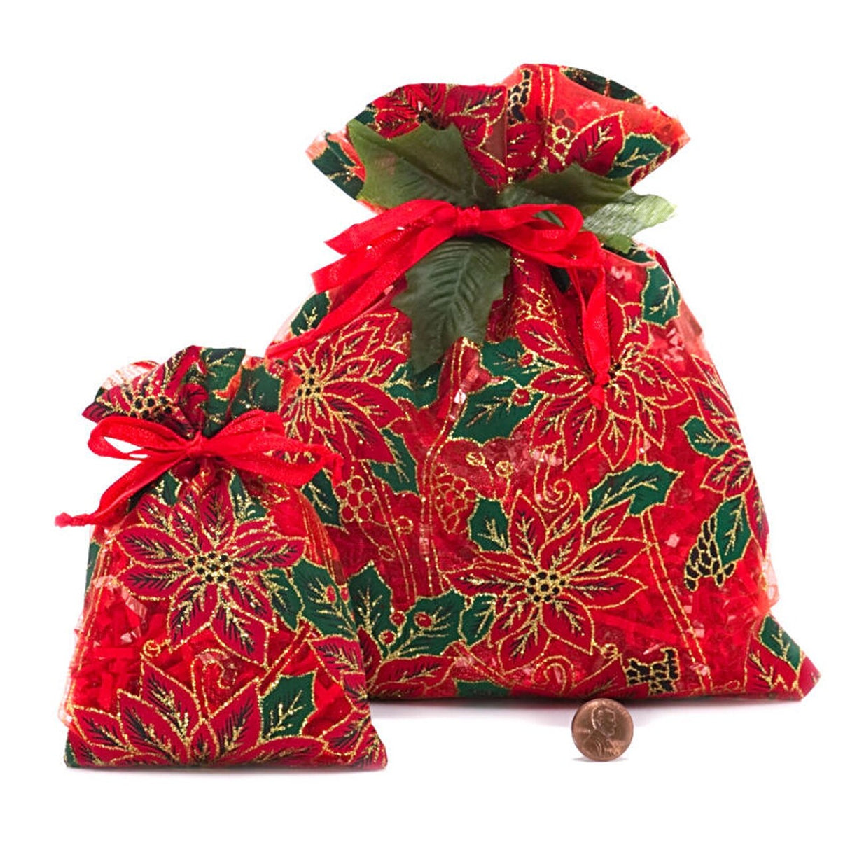 Red Poinsettias Sheer Fabric Bag 4” x 6” for Holiday Gifts