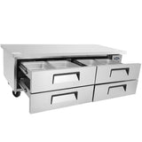Atosa MGF8453GR Two Section Side Mount Refrigerated Chef Base 72-7/16"W X 32-1/16"D X 26-19/32"H w/4 Drawers and Extended Top