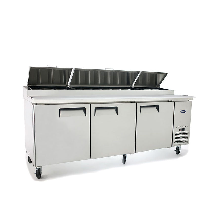 Atosa MPF8203GR Three Section Side Mount Refrigerated Pizza Prep Table 93"W x 33.1"D x 44"H with 3 Self-Closing Solid Doors