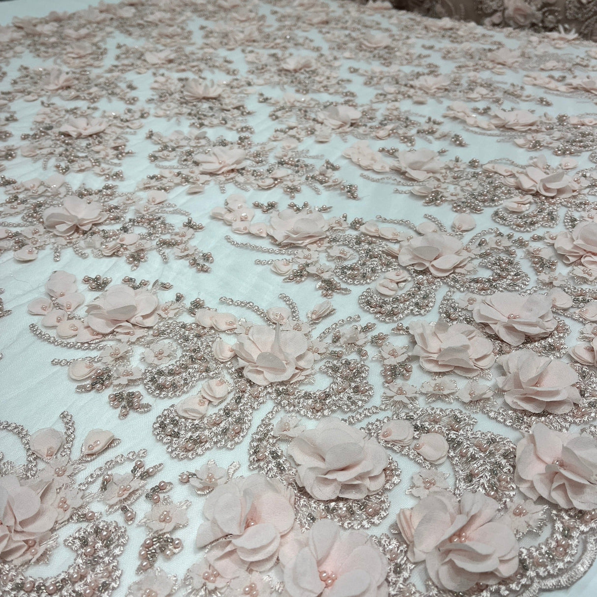 Beaded 3D Floral Lace Fabric Peach 48" Wide