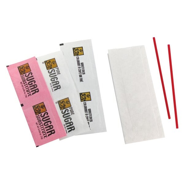 Double Serving Hot Beverage Condiment Kit with Napkin and Black / Gold Packaging - 500/Case