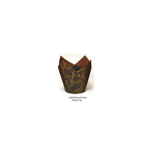 Novacart Brown Scroll Tulip Disposable Baking Cup, 2" to 3-1/2" High x 2" Dia. - Case of 2000