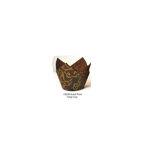 Novacart Brown Scroll Tulip Disposable Baking Cup, 1-1/4" to 2-3/4" High x 2" Dia. - Case of 2000