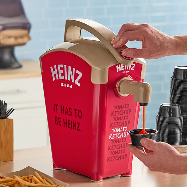 Heinz Keystone 1.5 Gallon Red Plastic Countertop Heinz Ketchup Pump Dispenser with 2 Ketchup Pouches