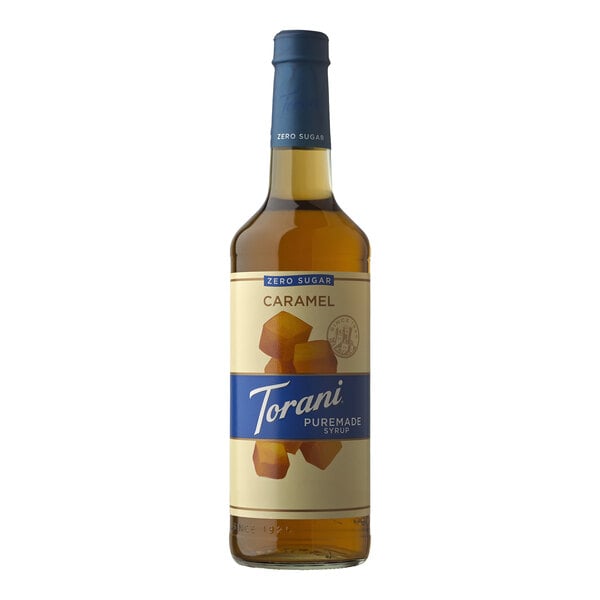 Torani Puremade Sugar-Free Caramel Flavoring Syrup 750 mL Glass Bottle - 4/Case