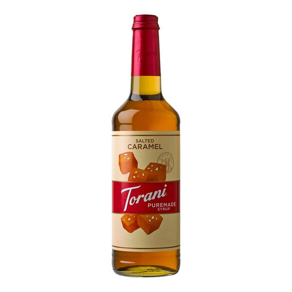 Torani Puremade Salted Caramel Flavoring Syrup 750 mL Glass Bottle - 4/Case