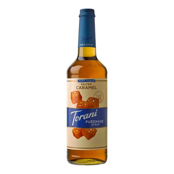 Torani Puremade Sugar-Free Salted Caramel Flavoring Syrup 750 mL Glass Bottle - 4/Case