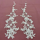 Beaded Corded Floral Lace Applique Embroidered Polyester Net Mesh Fabric - Ivory With Silver, 17" X 4.5" (1 Pair)